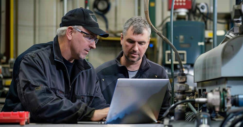 Quality engineers in a factory reviewing quality data on a laptop