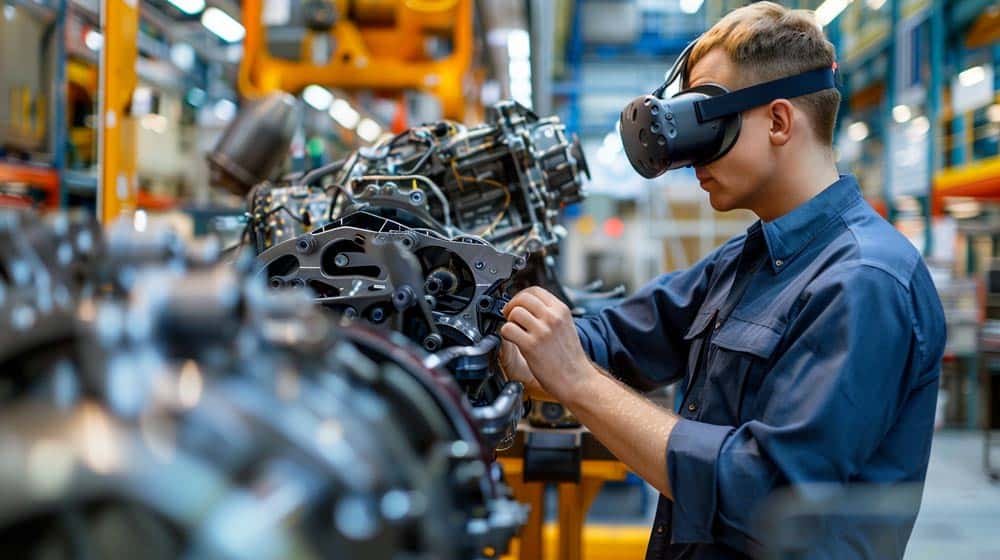 quality inspector inspecting an engine with virtual reality headset